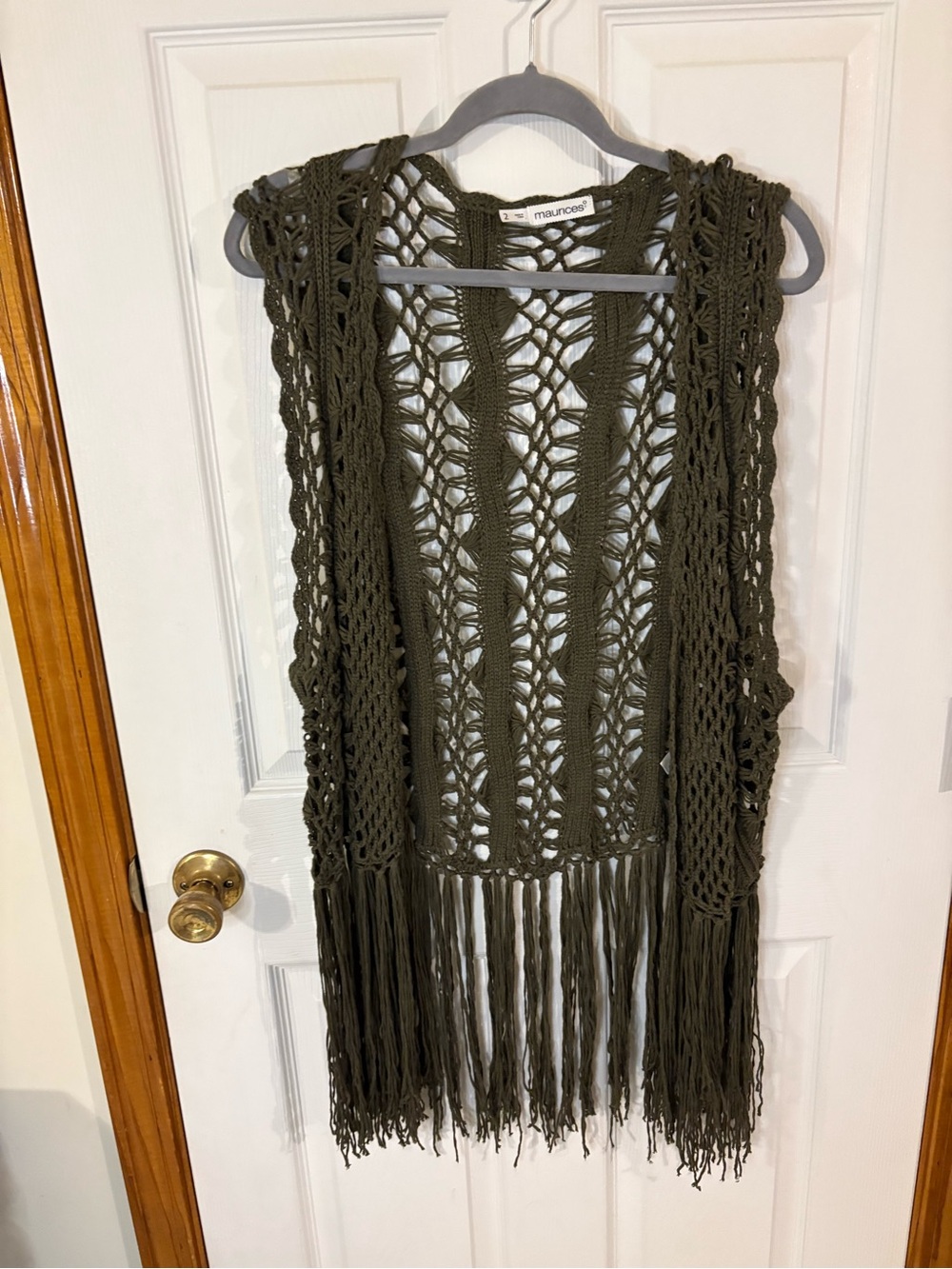 Maurices Olive Green Crocheted Fringe Vest